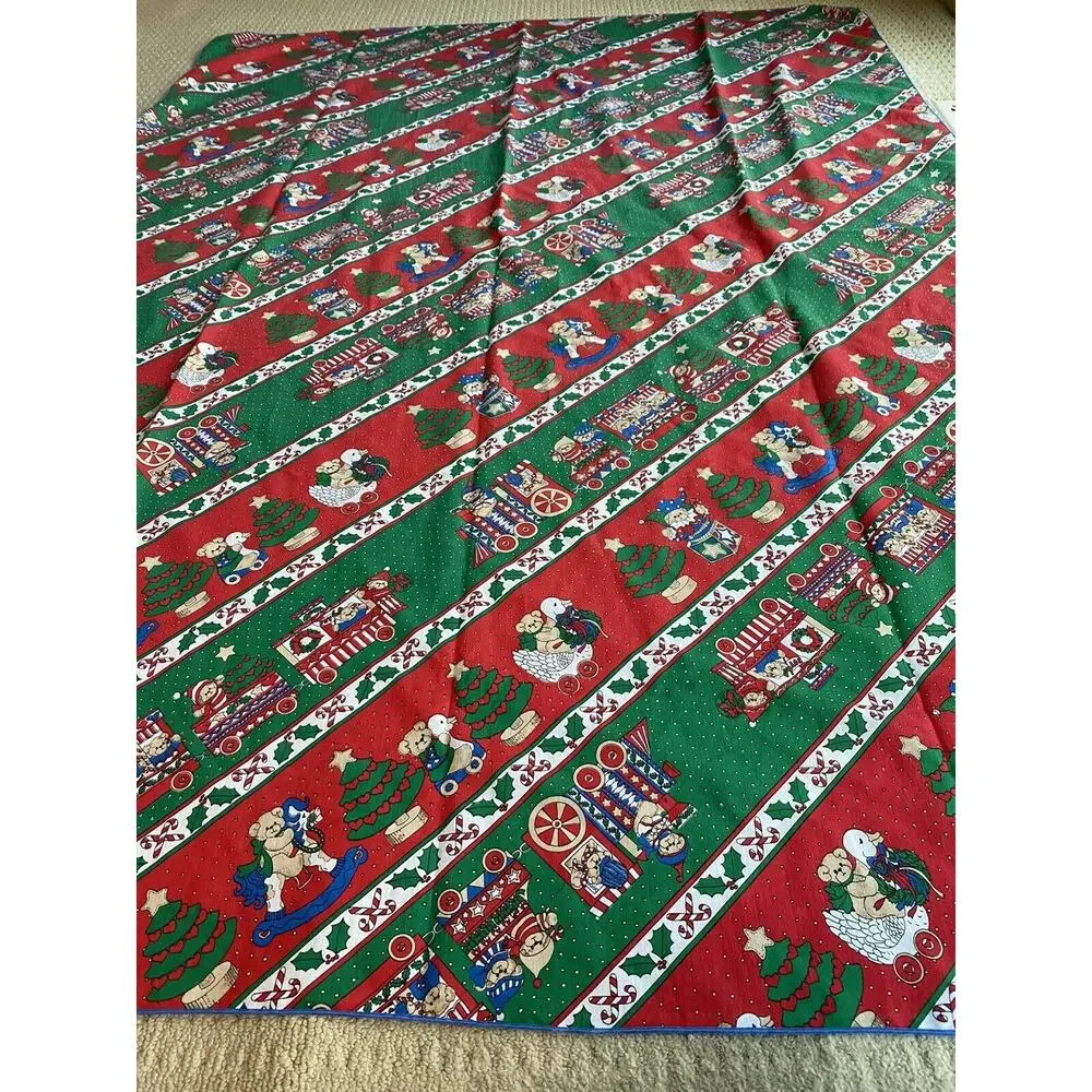 Vintage Christmas Tablecloth Red Green Bears Train